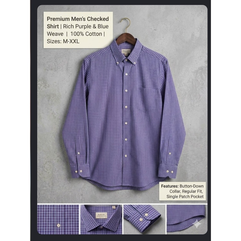 Peter Millar Mens Purple Blue Check Cotton Button Down Shirt Regular Fit Medium